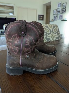 Sz 9B Justin Gypsy Pink & Brown Women's Steel Toed Leather Work Boots - Western